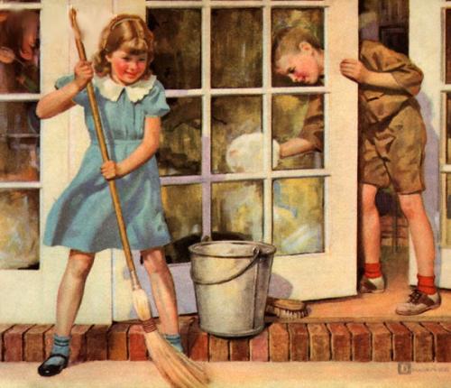 Children spring cleaning