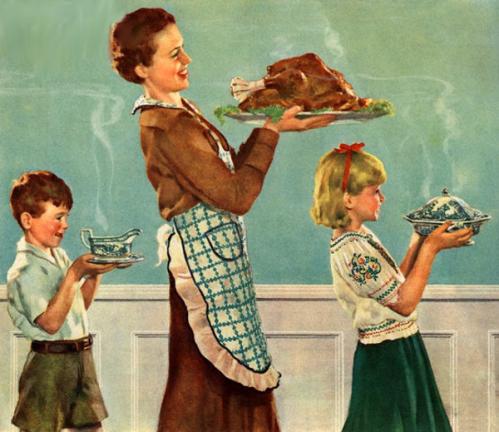 Mother and children carrying thanksgiving dinner