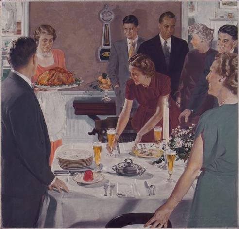 Preparing to sit down for a thanksgiving dinner